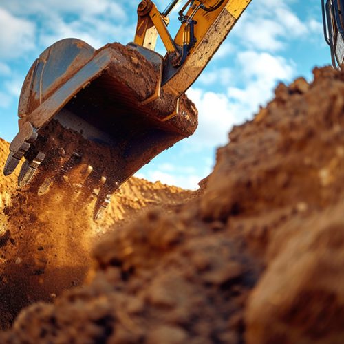 the machine is digging a hole with dirt, in the style of realistic blue skies, golden light, vibrant use of color, post processing, whiplash curves, suspended/hanging, dynamic action --ar 38:25 --v 6 Job ID: c2ff649f-d393-4e79-b6da-8235f0abe878